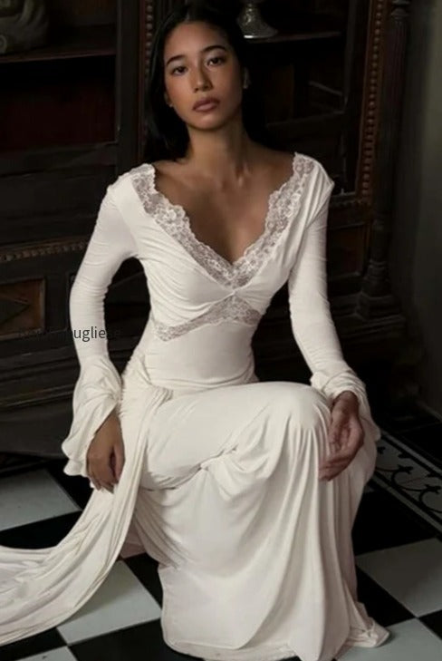 v-neck-lace-trim-flounce-sleeve-tie-maxi-lace-dress