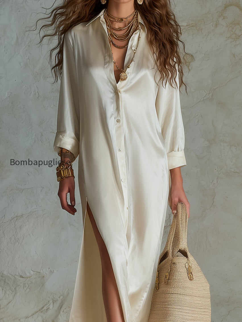 resort-style-white-button-down-satin-shirt-dress