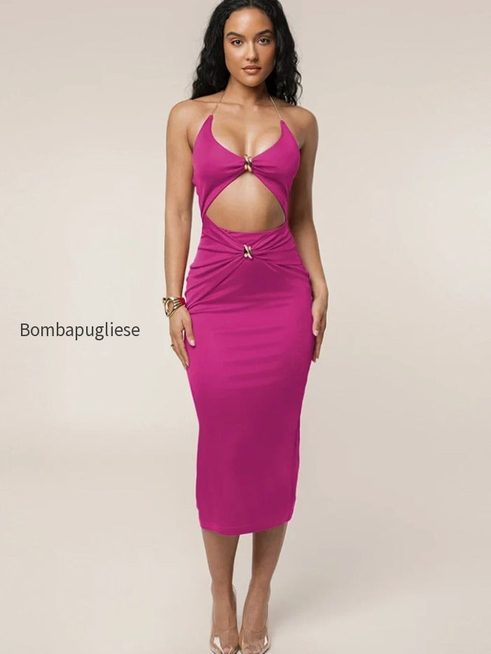 cutout-chain-metal-halter-midi-dress