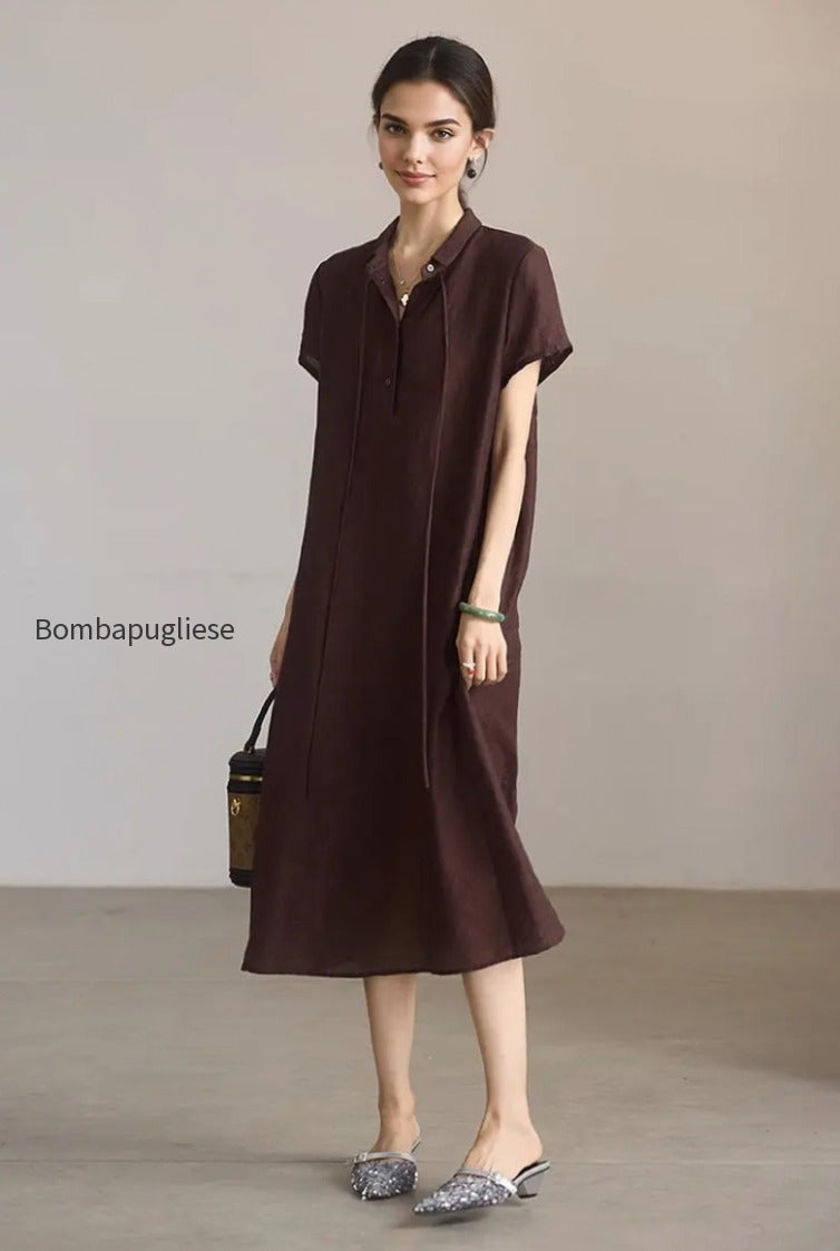 linen-blend-jacquard-a-line-shirt-dress-in-brown
