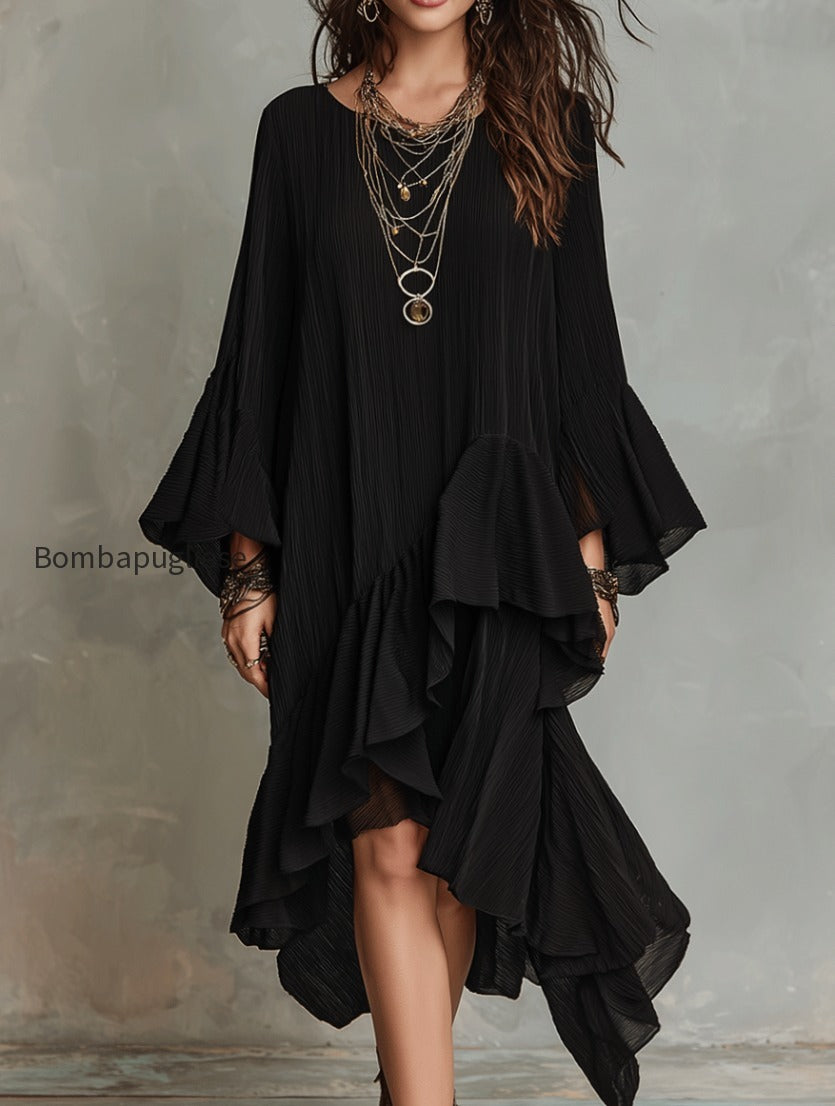 elegant-asymmetric-ruffle-black-boho-midi-dress-las3