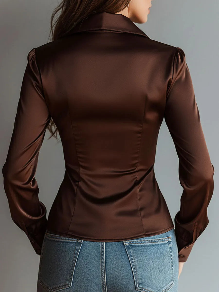 luxe-mocha-satin-ruched-zip-up-blouse-rk9f