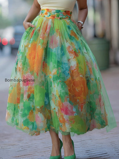 artistic-watercolor-print-mesh-paneled-skirt