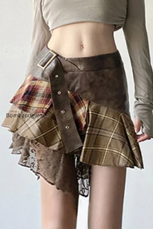 plaid-lace-patchwork-belted-skirt