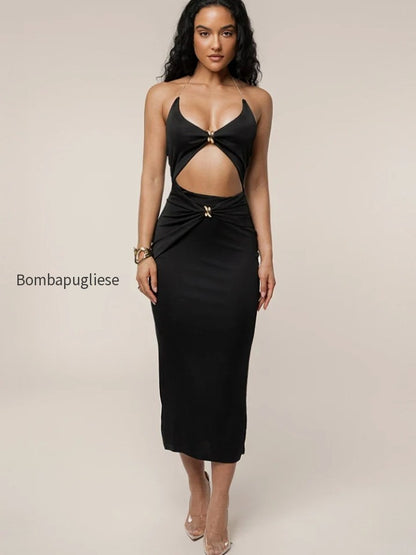 cutout-chain-metal-halter-midi-dress