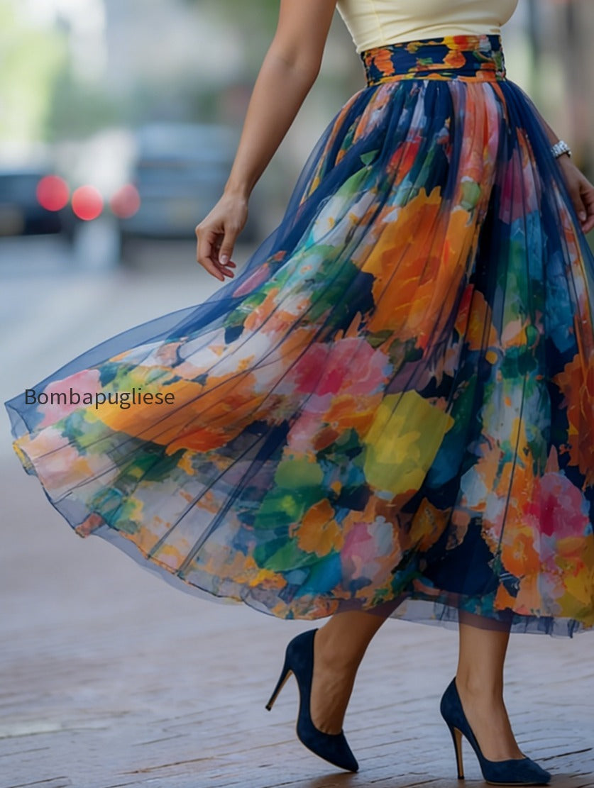 artistic-watercolor-print-mesh-paneled-skirt