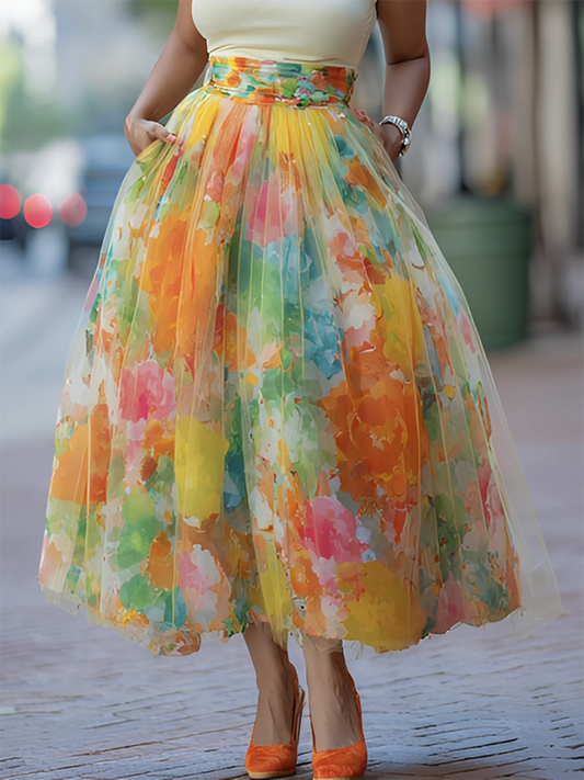 artistic-watercolor-print-mesh-paneled-skirt