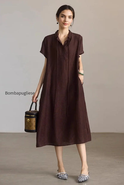 linen-blend-jacquard-a-line-shirt-dress-in-brown
