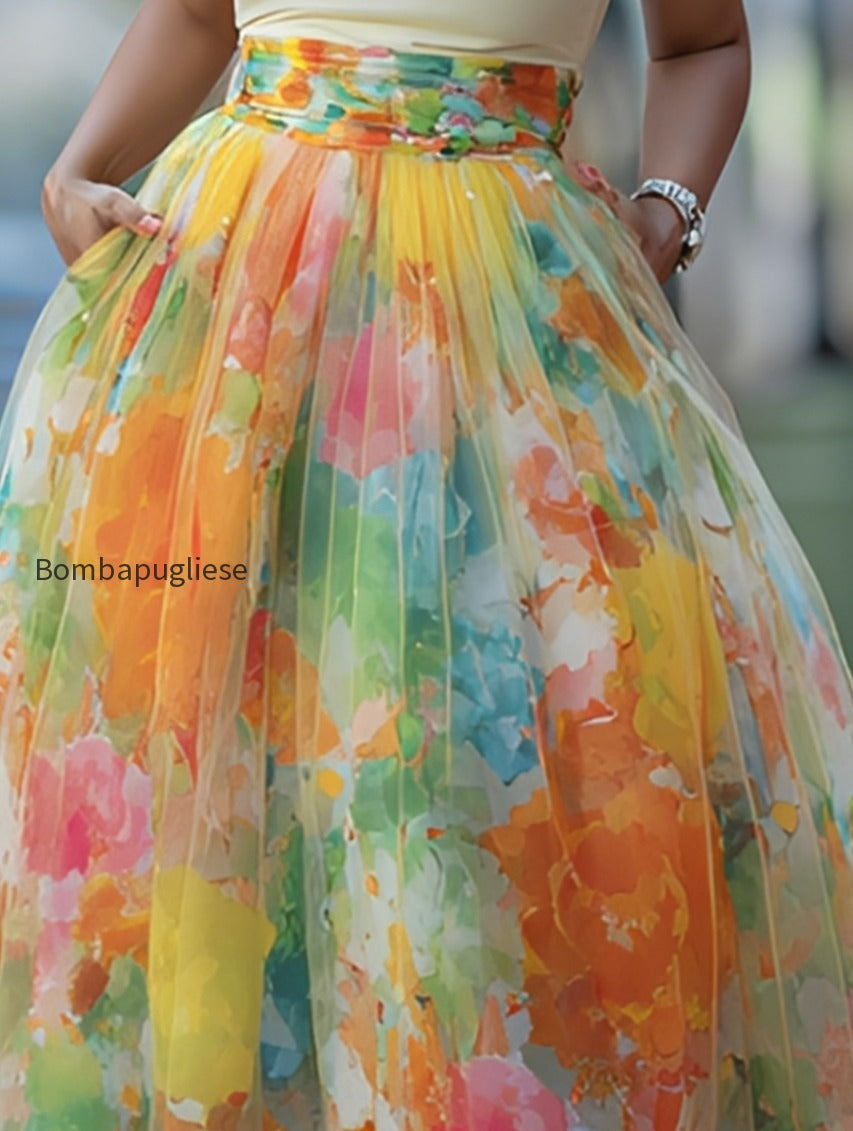artistic-watercolor-print-mesh-paneled-skirt