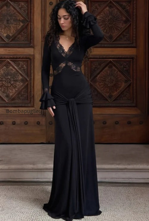 v-neck-lace-trim-flounce-sleeve-tie-maxi-lace-dress