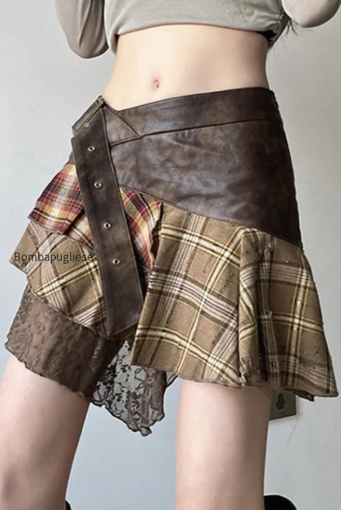 plaid-lace-patchwork-belted-skirt