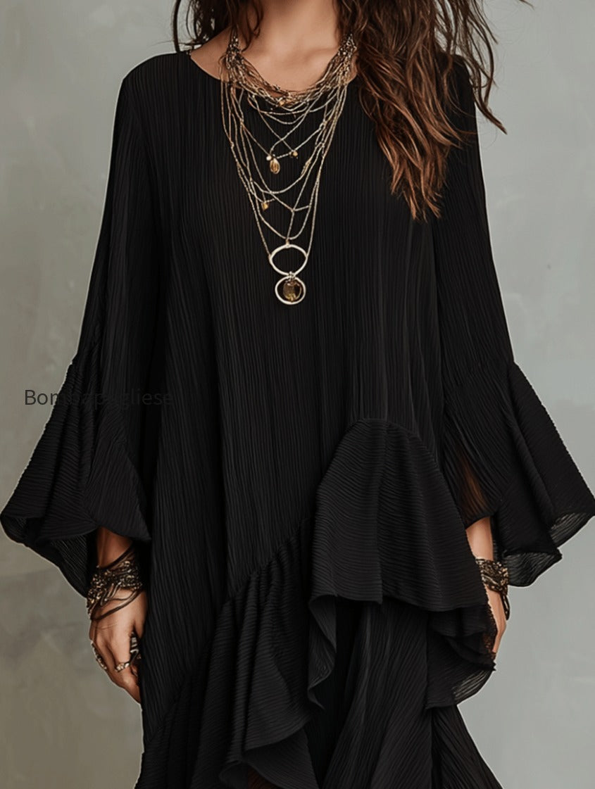 elegant-asymmetric-ruffle-black-boho-midi-dress-las3