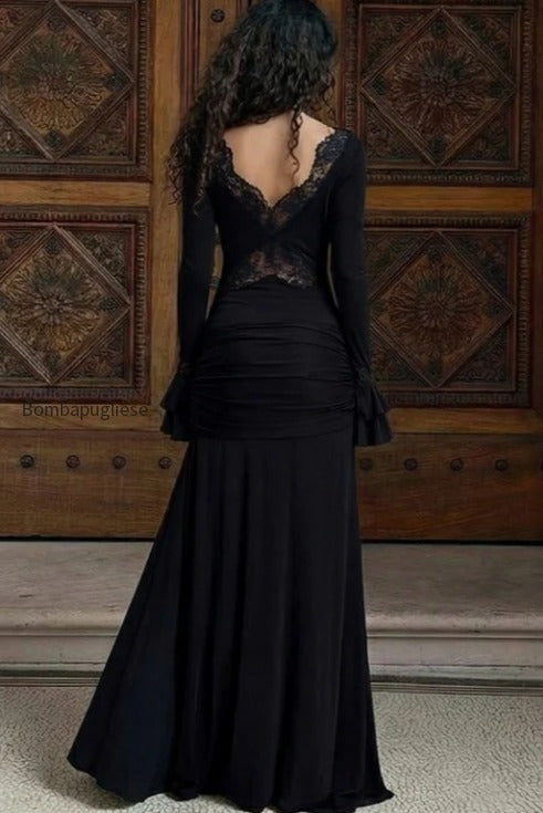 v-neck-lace-trim-flounce-sleeve-tie-maxi-lace-dress