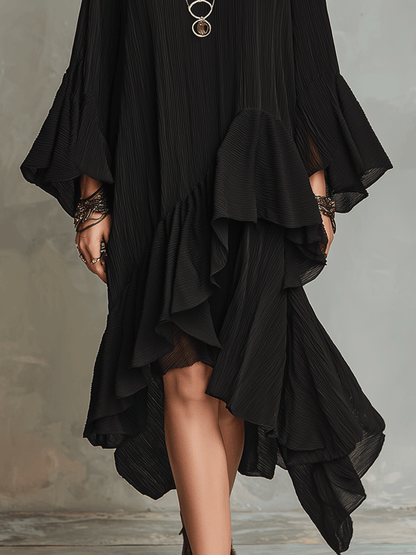 elegant-asymmetric-ruffle-black-boho-midi-dress-las3