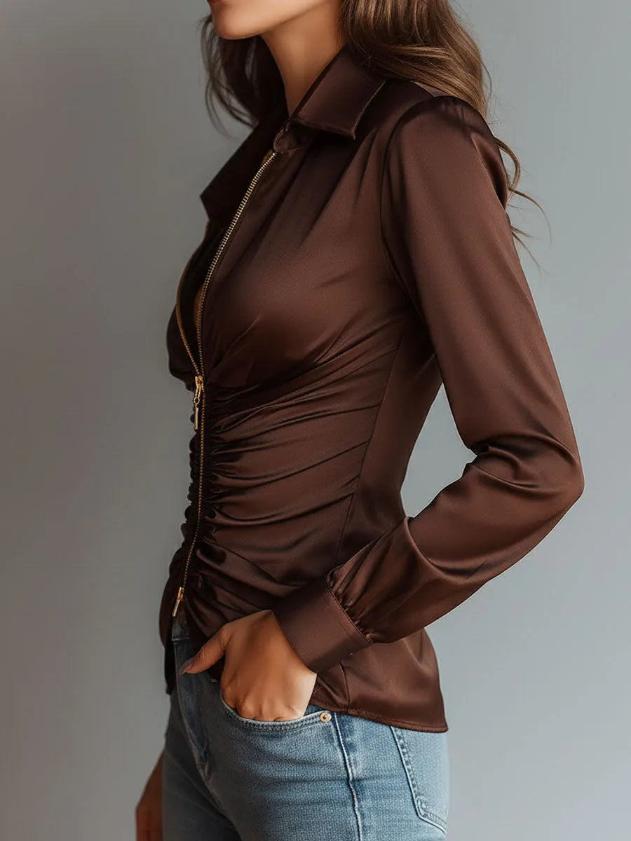 luxe-mocha-satin-ruched-zip-up-blouse-rk9f