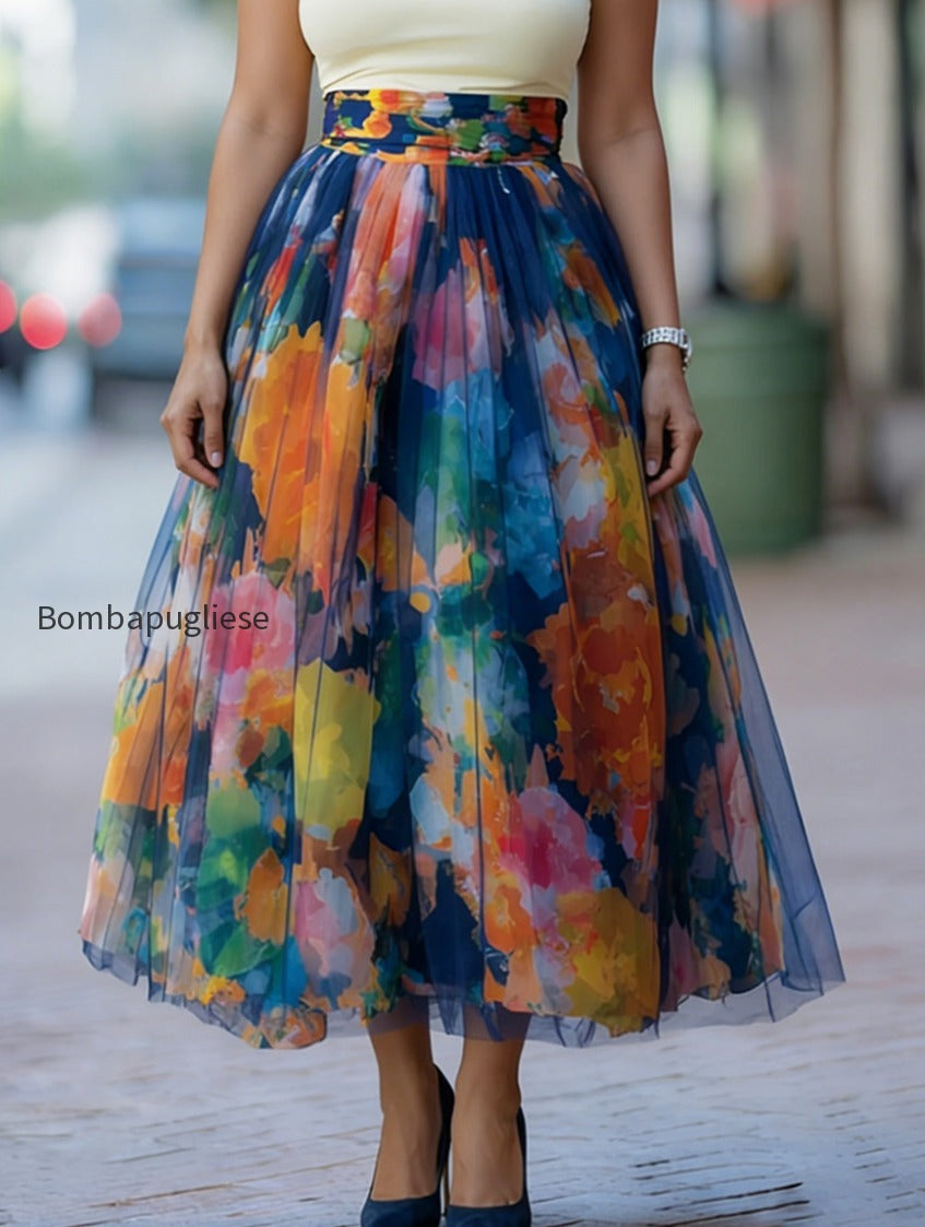 artistic-watercolor-print-mesh-paneled-skirt