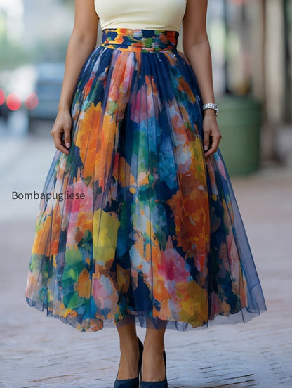 artistic-watercolor-print-mesh-paneled-skirt