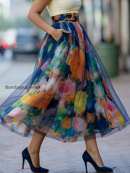 artistic-watercolor-print-mesh-paneled-skirt